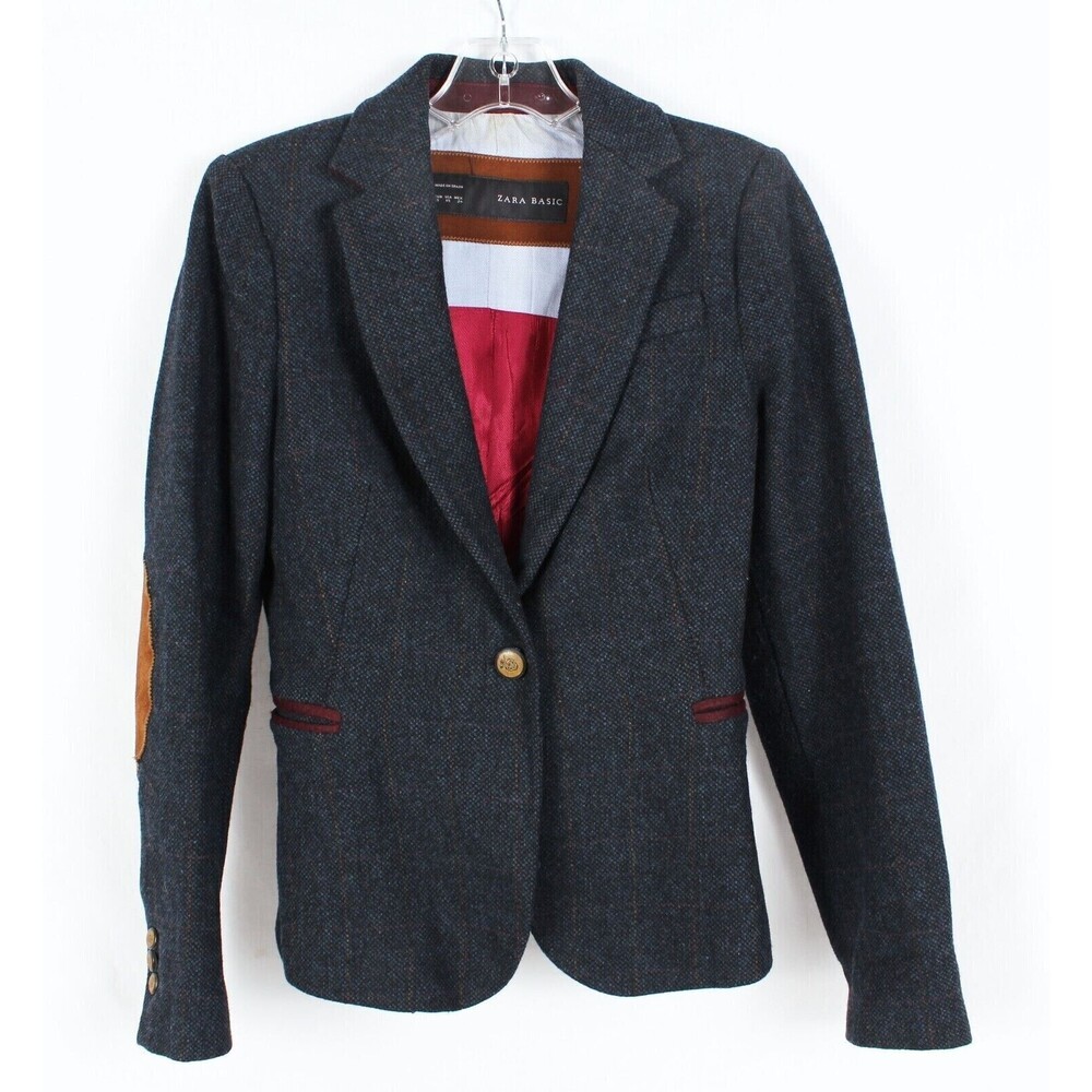 ZARA Basic Women's 100% Lambs Wool Elbow Patch Blazer Jacket Size XS